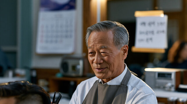 Older Korean man in a barbershop apron clips a young customer's hair while speaking animatedly, traditional Korean calendar on the wall, handwritten price list in two languages taped to the mirror, 