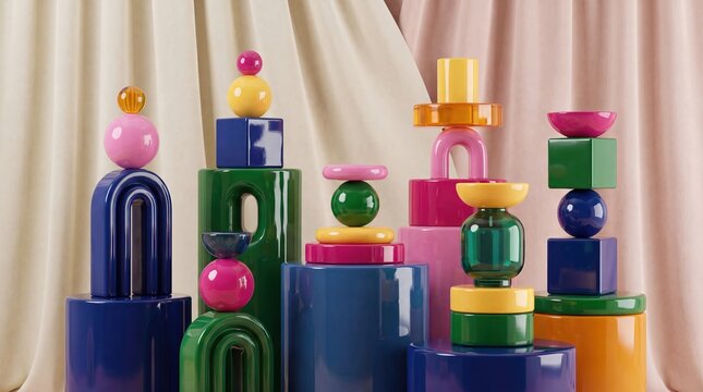 Glossy maximalist geometric still life with colorful stacked shapes and draped fabric