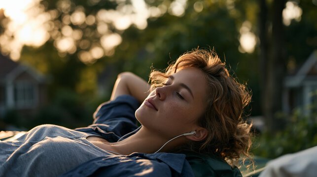 Teenage girl lying face-up on a trampoline staring at a late-summer sky, earbuds in, absent expression, seasonal transition melancholy, adolescent dissociation, end of summer existential stillness, 