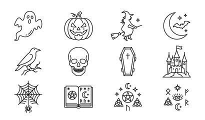 Obraz premium Halloween Horror Line Icon Collection with Moonlight and Supernatural Elements