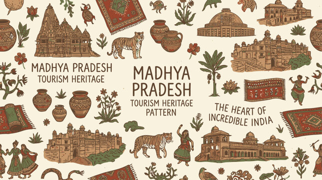 Intricate traditional Indian heritage pattern from Madhya Pradesh state tourism showcasing cultural ethnic artistic motifs in an abstract background for artistic decorative graphic design.
