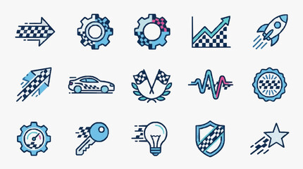 Professional Icons Set Featuring Racing Innovation and Achievement Themes in Blue and White Color Scheme © Asuu