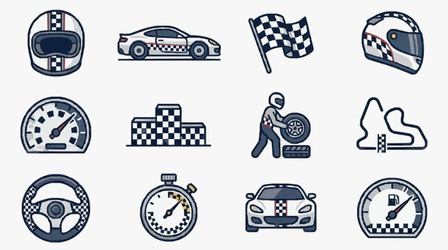 Sleek Checkered Flag Racing Icons Collection Helmets Cars Speedometer Pit Stop and Track Elements in Monochrome