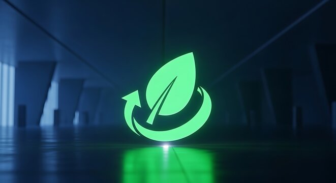 Glowing Green Eco Energy Symbol with Leaf and Arrow in Futuristic Dark Environment, Sustainable Technology Concept for Renewable Power and Environmental Innovation