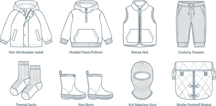 Kids winter clothing and outdoor gear flat sketches collection vector containing rain jacket hoodie vest corduroy trousers socks boots balaclava mask and footmuff