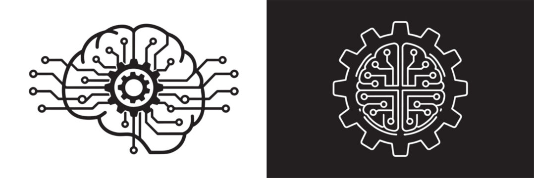 Artificial intelligence vector icons featuring digital brain with circuit board lines and gear for machine learning and technology