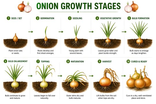 Onion Growth Stages Infographic Showing Bulb Formation Harvest And Curing Process