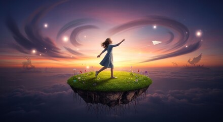 Fototapeta premium Girl on Floating Island Reaching for Stars in Dreamlike Sky.
