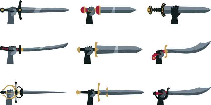 Minimalist medieval swords and historical blades vector set featuring armored hands holding flat design katanas, broadswords, and scimitars for gaming assets.
