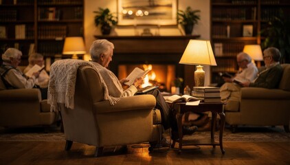 Obraz premium Cozy lounge area with residents immersed in reading books near a softly glowing fireplace main subject in sharp focus against a blurred background.