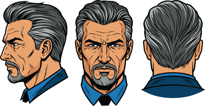 Mature bearded man character head model sheet vector illustration featuring front side profile and back view portrait with grey hair comic style template