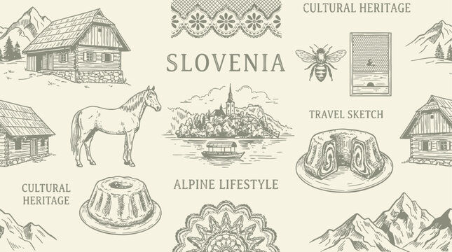 Minimalist Artistic Sketch of Slovenian Cultural Motifs Featuring Traditional Heritage Patterns and Local Lifestyle Elements Showcasing Authentic Folk Art and Central European Travel Aesthetics