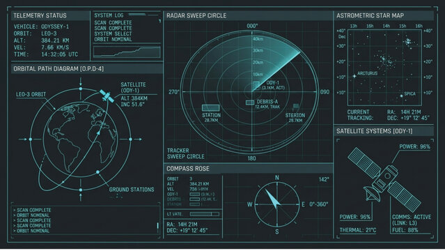 Futuristic aerospace digital interface showing orbital tracking, radar sweep, satellite telemetry, and star mapping for space exploration, mission control, and sci-fi visualization.