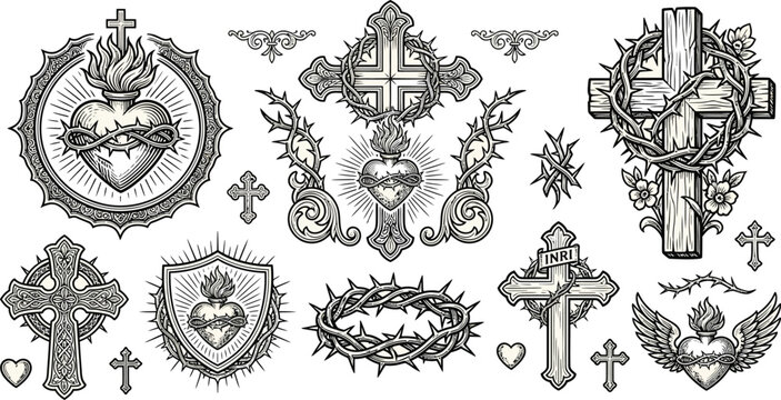 Sacred icons set including crosses, hearts, and shields with thorns and wings