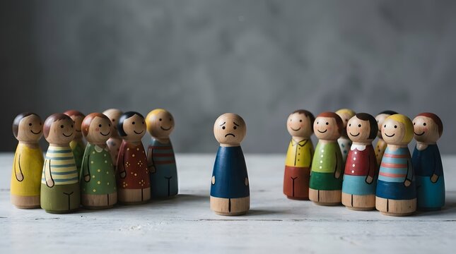 One wooden peg doll standing out from a group crowd with individual different leadership standing