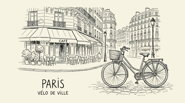 Minimalist urban sketch of a vintage bicycle parked in front of a charming Parisian sidewalk cafe on a clean city street, elegant line art illustration of a French metropolitan scene.