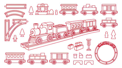 Wooden toy train set with locomotive wagons and railway tracks © Bebel