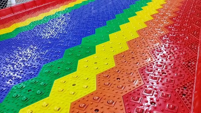 Colorful rainbow interlocking plastic tiles track for dry ski tubing slide in playground