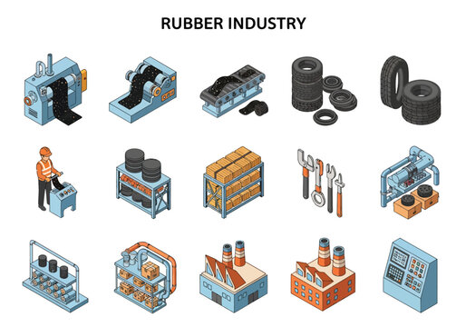 Isometric icons of rubber production machinery tires factory buildings and warehouse equipment