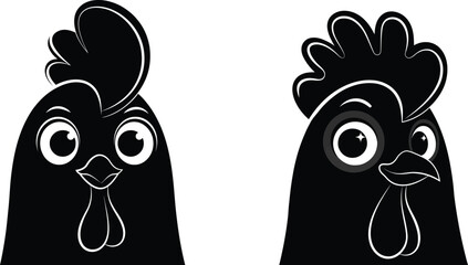 Cute rooster head silhouette vector illustration set with funny chicken cartoon characters isolated on white background for farm logo design © MstSaleha