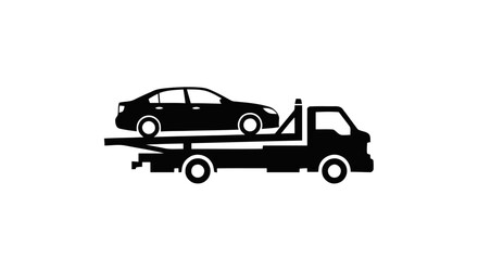 Fototapeta premium Vector illustration of flatbed tow truck icon with a car on the back on a transparent background
