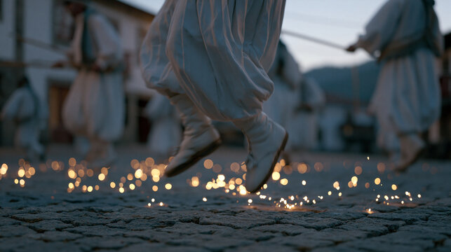 Candlelit village square in northern Portugal, a wide establishing shot of costumed performers mid-leap in traditional Pauliteiros stick dance, sparks rising from cobblestones,