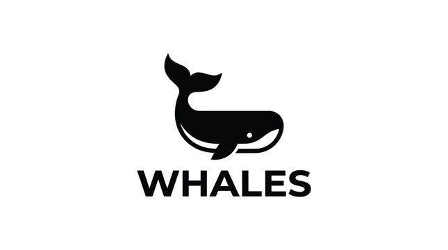 Minimalist black whale logo with text below.