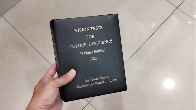 Person holding Vision Tests for Colour Deficiency book, color blindness testing book with 38 plates edition held in hand.