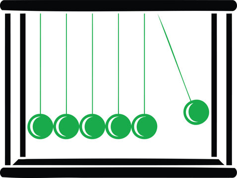 Green Newtons cradle pendulum balls swinging in a black frame isolated on white background