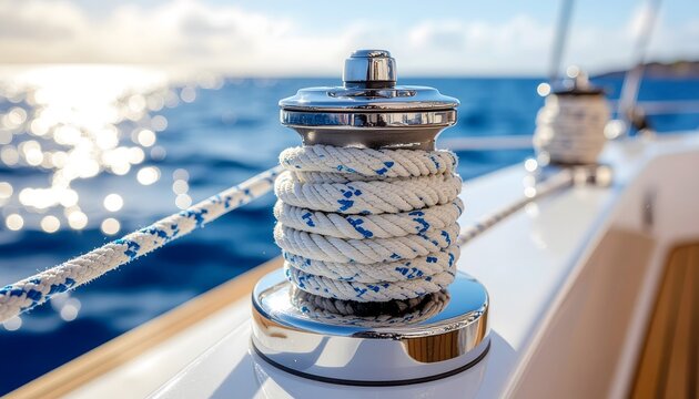 A close-up shot of a chrome sailboat winch with a wrapped rope on a luxury yacht deck, overlooking the beautiful blue ocean with sparkling sun bokeh background during summer cruise.