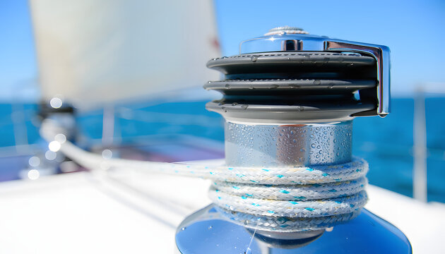 A close-up shot of a wet chrome sailboat winch with water droplets and a wrapped rope, with a blurred white sail and turquoise ocean background during a bright sunny cruise.