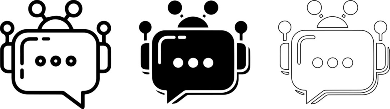 A set of three robot chat icons in different styles and colors