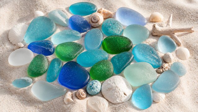 Colorful Sea Glass on White Sand with Seashells Tropical Beach Background