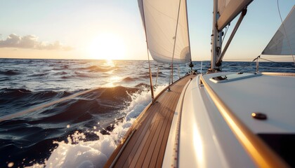 Fototapeta premium A sailboat deck navigating through ocean waves during a beautiful golden sunset, capturing the spirit of maritime adventure, luxury sailing lifestyle, and freedom at sea.