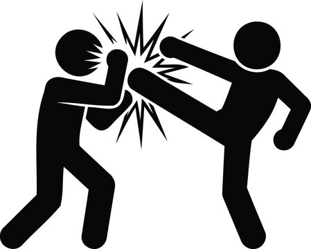 Stick figures fighting with one kicking the other in the face with a punch