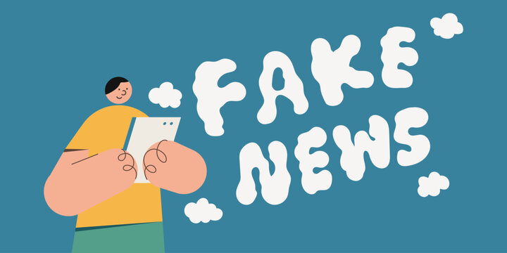 Flat design illustration of a person reading a tablet next to bold bubbly fake news text on teal background, representing fake news awareness and media literacy. Perfect for education and social conte