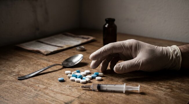 Substance addiction awareness concept, anonymous hand reaching toward drugs and drug paraphernalia on a wooden surface, scattered tablets and syringe, dark moody environment, healthcare and public