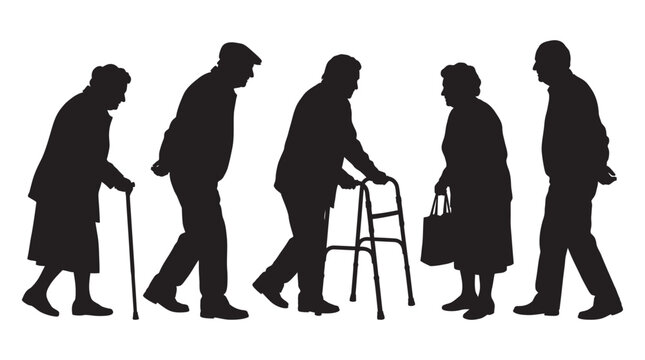 Five senior people walking black silhouette elderly