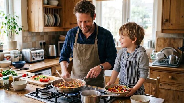 Father and son cooking together in a bright, modern kitchen