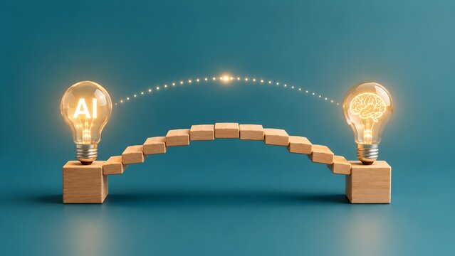 Wooden bridge connecting artificial intelligence and human brain lightbulbs representing technology and human collaboration