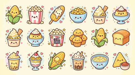 A delightful collection of kawaii-style illustrations featuring various corn-themed foods and treats, presented in a charming and whimsical manner. © Terra
