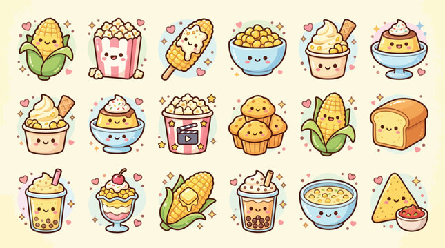 A delightful collection of kawaii-style illustrations featuring various corn-themed foods and treats, presented in a charming and whimsical manner.