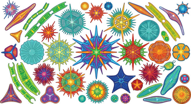 Microscopic Marine Plankton Vector Set with Colorful Radiolaria Diatoms Algae and Protozoa Organisms for Marine Biology Science and Education Graphics