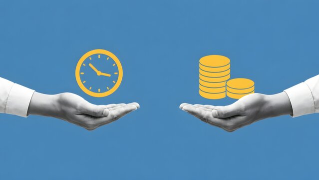 Time is money business concept featuring hands holding a clock and a stack of coins representing financial investment and efficiency