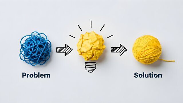Creative problem solving process untangling a messy blue yarn into a bright yellow idea and an organized solution