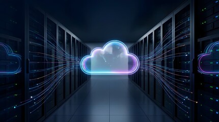 High speed cloud data migration network passing through a modern server room representing digital transformation