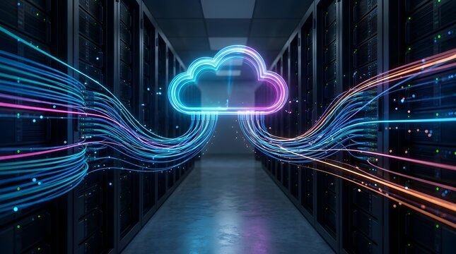 Cloud computing network data transfer glowing neon symbol connecting server racks representing digital infrastructure