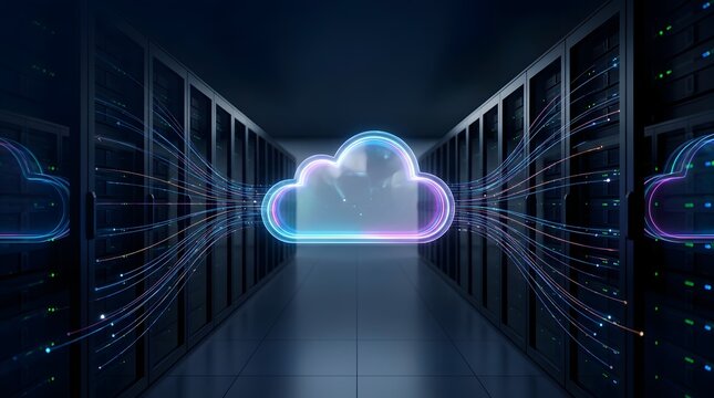 High speed cloud data migration network passing through a modern server room representing digital transformation