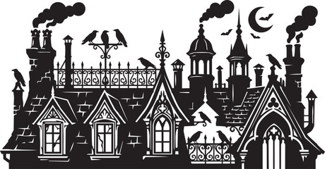 Obraz premium Premium Halloween Rooftop Collection Featuring Chimneys Dormer Windows Crow Perches And Moonlit Architecture