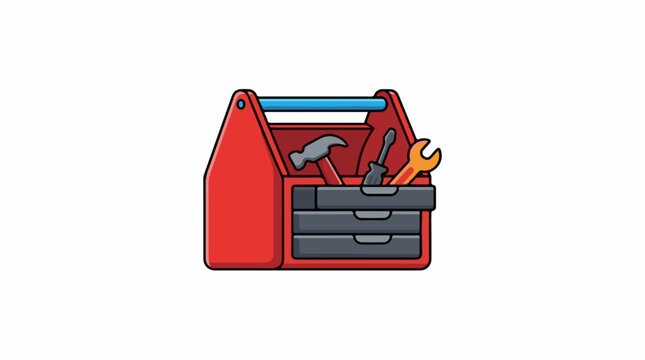 A red toolbox with a handle and various tools inside and on top